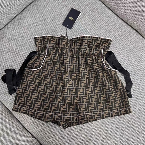 Fendi Pants - Authentic Fendi Women's Black and Brown Logo High Waist Shorts